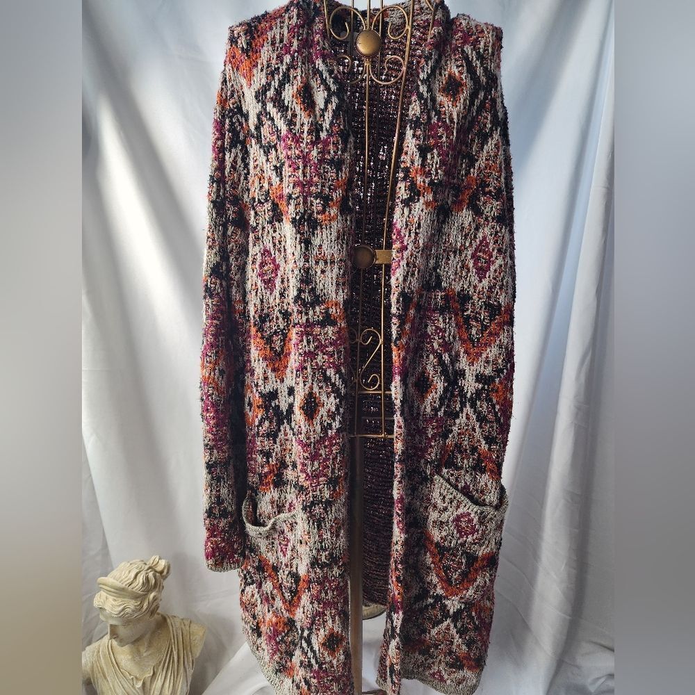 Cozy Multicolor Long Knit Cardigan Sweater Autumn Tones
